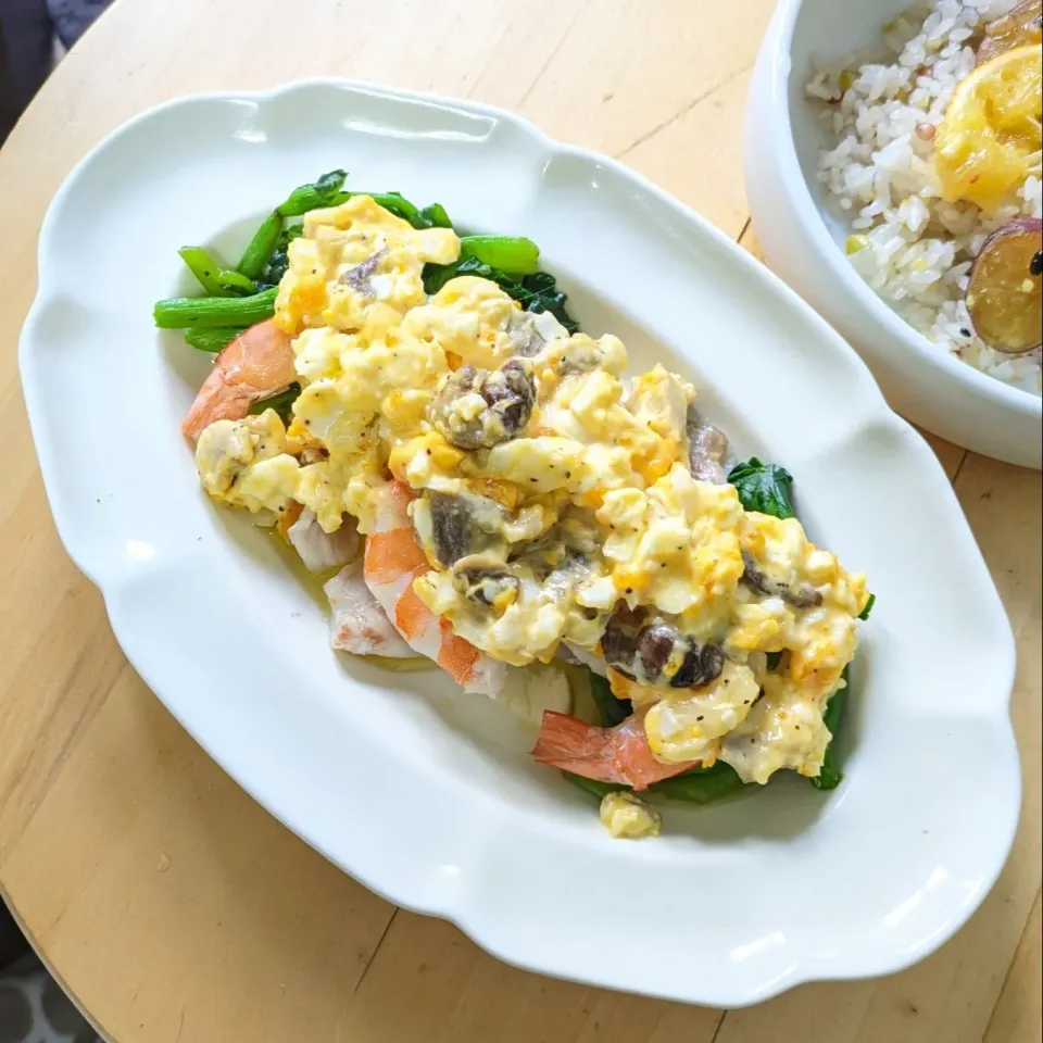 鱸と海老、菜の花のMIX茸タルタルのグリル|mi_neneco♪さん