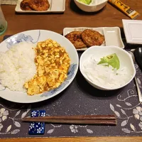 麻婆豆腐ライス、さつま揚げ、サラダ、納豆、野沢菜漬け、コカ・コーラ、練乳かけ手作りミルクココアゼリー(夕飯)| enarinさん