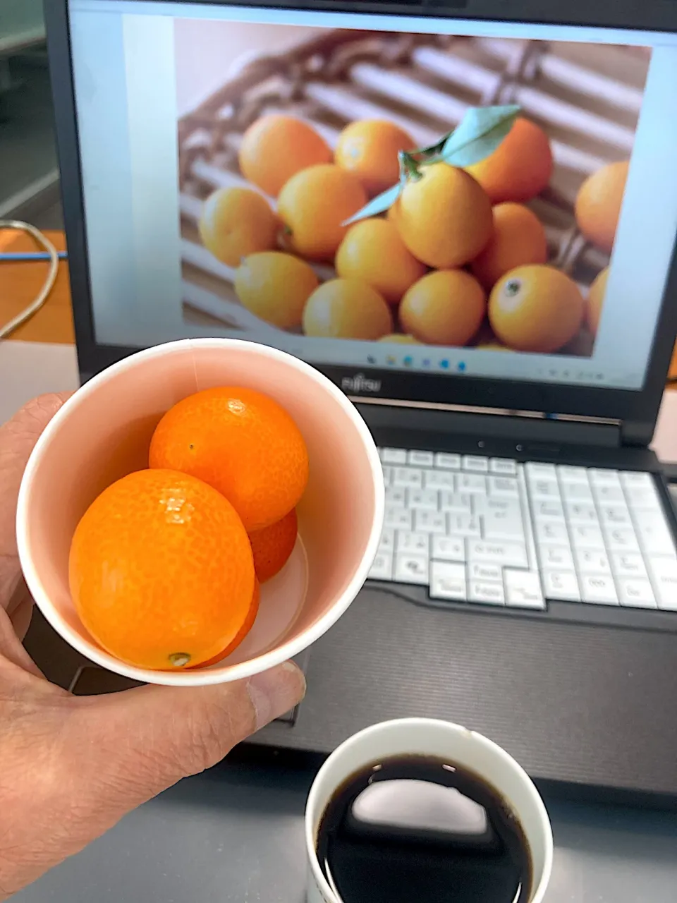 今日の昼ご飯　金柑　社長の頂き物の金柑を社長秘書からおさがりしていただきました。今日は出勤途上で飲むヨーグルトを買い忘れ、パントリーにもお菓子の在庫がなかったので、今日の昼ご飯はいっそ抜いちゃおうかと思っていたところちょうどよかったです。(*^◯^*)　それにしても、どうやってたべるんだろう？皮ごと？|なびさん