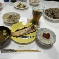 晩御飯☆もやしの中華和え☆砂ずりの葱塩レモン☆ほっけ☆インスタントみそ汁| Saharaさん