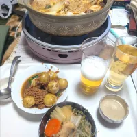 2/9（月）夕食。あんこう鍋。新じゃがと挽き肉の煮物。|へいちゃんさん