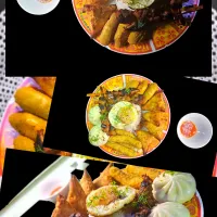 Asian mix plate, chicken Yakitori,samosas beef lamb, duck bao bun,chili nuggets, mozzarella sticks,rice ,.egg