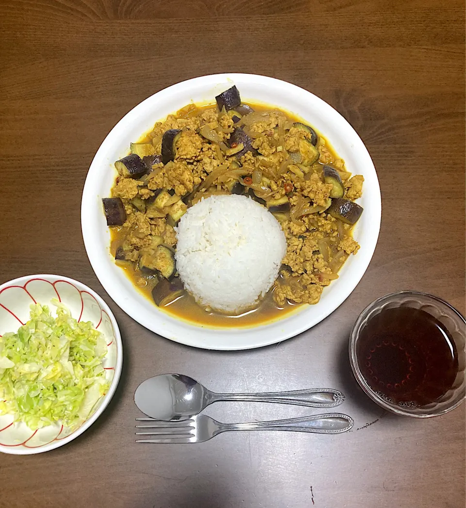 今日の晩ご飯　鶏挽きと茄子のカレー、コールスロー　インフルエンザによる療養３日目　新陳代謝を促進するスパイシーなメニューが続きます　今晩はホントははやととフレンチレストランに行く予定だったのに残念😢|なびさん