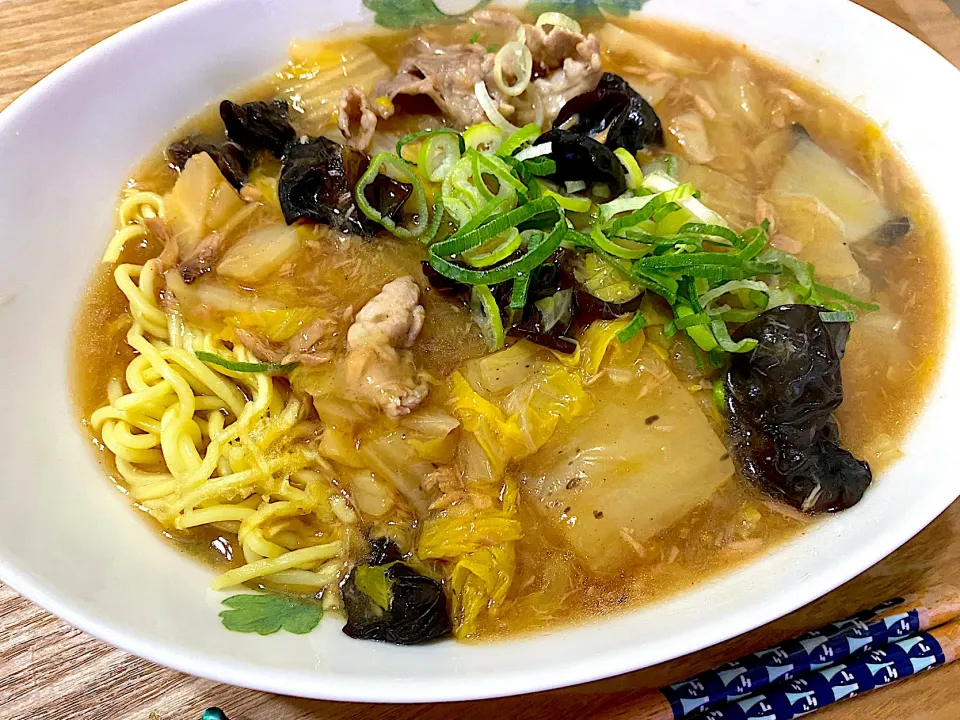 白菜ツナ煮込み　リメイク餡かけそば|単身赴任のっちさん