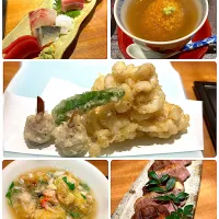 お造り盛り合わせ（鮪赤身・中トロ、金目鯛、いか、こはだ、真鯛、北寄貝、ほうぼう）、真鱈白子の天ぷら、揚げ湯葉と茄子のあんかけ、蓮根まんじゅう、合鴨と椎茸焼き
@旬の味 みなと|Kazuya Miyukiさん