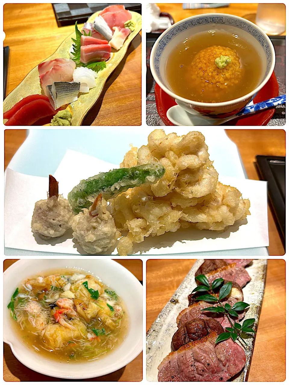 お造り盛り合わせ（鮪赤身・中トロ、金目鯛、いか、こはだ、真鯛、北寄貝、ほうぼう）、真鱈白子の天ぷら、揚げ湯葉と茄子のあんかけ、蓮根まんじゅう、合鴨と椎茸焼き
@旬の味 みなと|Kazuya Miyukiさん