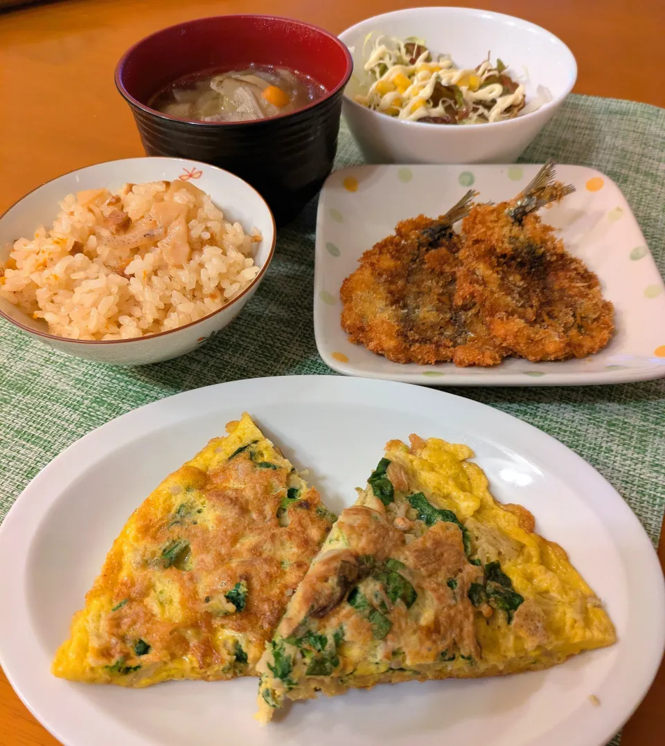 ☆えのきと卵のキッシュ　☆いわしフライ　☆鶏炊き込みご飯　☆けんちん汁|chikakoさん