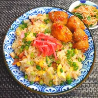 焼豚チャーハンとスイチリマヨ唐揚げでムスコの置きランチ|からあげビールさん