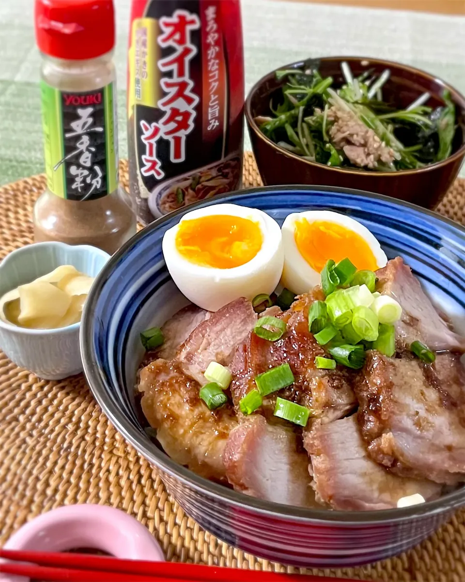 チャーシュー丼＆水菜とツナのチョレギサラダ|あゆさん