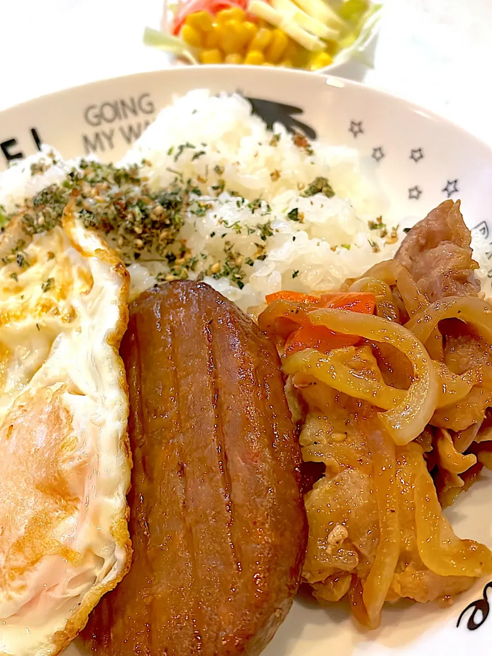 おっさんワンプレート　目玉の親父　ハンバーグ　焼き肉　サラダ|ひげおやじさん