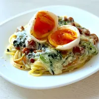 なめこ豆腐の朝パスタ