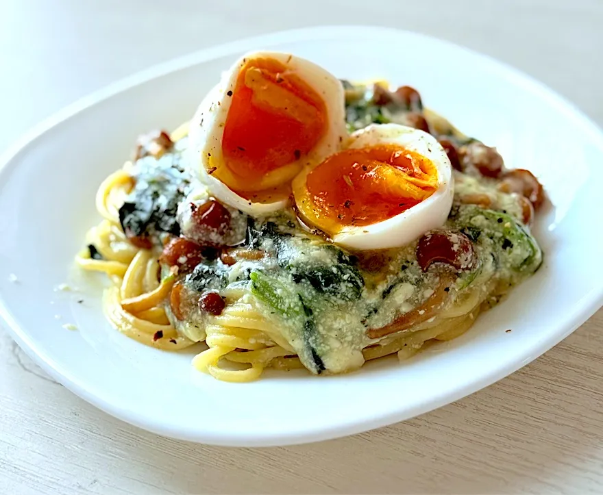 なめこ豆腐の朝パスタ|tap.rinさん