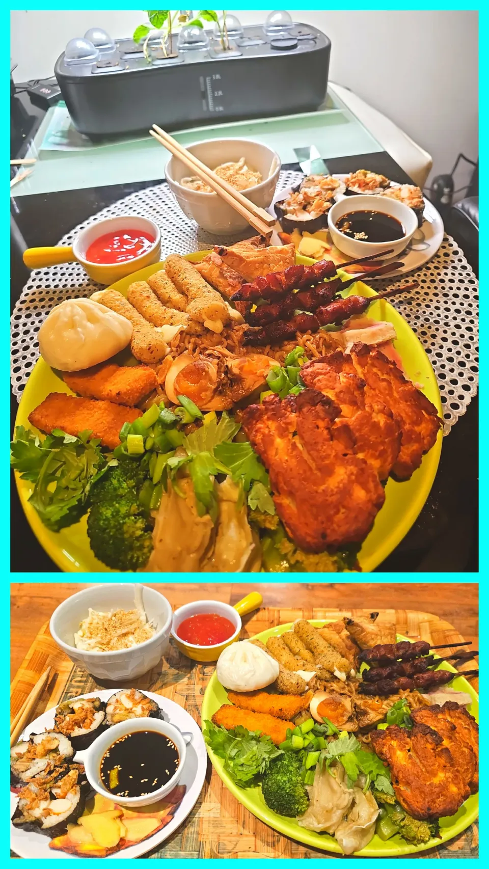 🇯🇵Yakisoba with broccoli, celery, samosas, mozzarella sticks, bao bun duck,chicken yakitori, Halloumi grill cheese,gyoza, fried fish,narutomaki,cabbage salad,egg🇯🇵|KWAII69さん