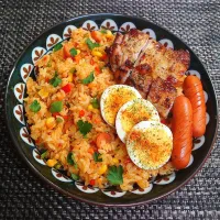 野菜たっぷりケチャップライス＆グリルチキンでムスコの置きランチ|からあげビールさん