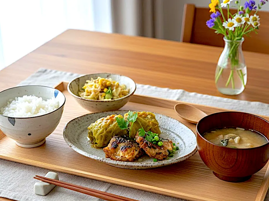 鯖の蒲焼き、ロールキャベツ(一昨日の残り)、コーンとキャベツのサラダ、味噌汁、ご飯|caoさん