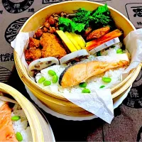 ゆーこどんさんの料理 鮭と枝豆のせいろご飯の二段蒸し