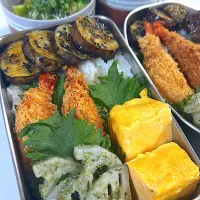 エビフライ🍤茄子の照り焼き　レンコン青のりオリーブ焼き　だし巻き玉子　ブロッコリー🥦スプラウト|まゆさん