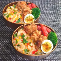 母とムスコのラブラブおソロ♪これがホントの高校ラスト！海老ピラフ＆唐揚げ弁当|からあげビールさん