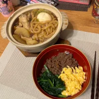 三色丼と牡蠣醬油の鍋焼きうどん|マサムネさん