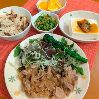 ☆豚肉しょうが焼き　☆豆苗ごま和え　☆冷奴　☆炊き込みご飯　☆オレンジ|chikakoさん