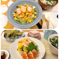 ひな祭りごはん
＊ちらし寿司
＊そうめん汁
＊タラの芽天ぷら
＊三色ゼリー|さっちんさん