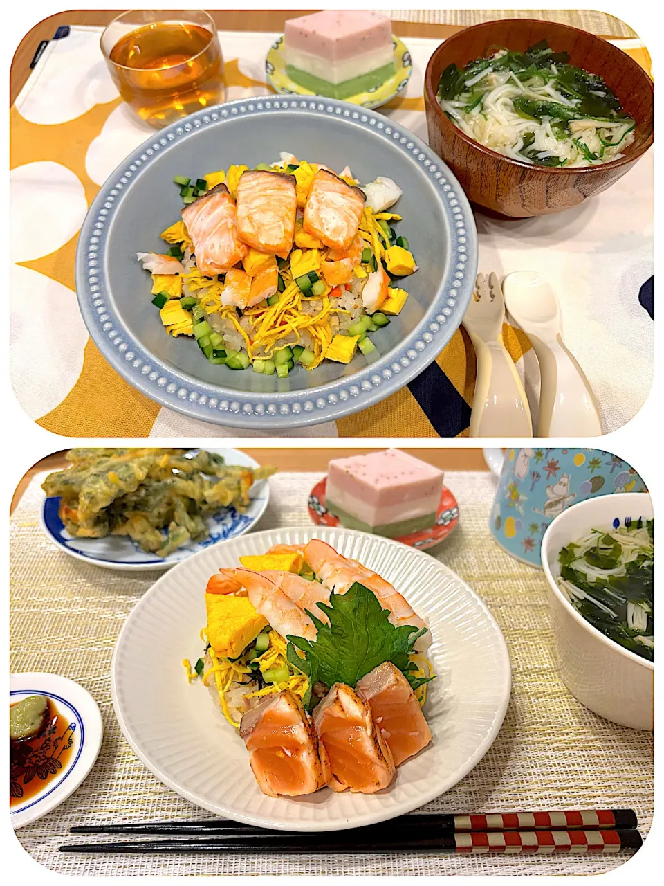 ひな祭りごはん
＊ちらし寿司
＊そうめん汁
＊タラの芽天ぷら
＊三色ゼリー|さっちんさん