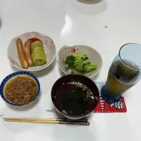晩御飯☆ロールキャベツ☆もやしの肉味噌炒め☆ブロッコリーの胡麻酢和え☆わかめスープ|Saharaさん