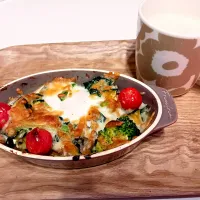 チーズ焼き(かぼちゃ、舞茸、ほうれん草、ブロッコリー、卵、プチトマト)、甘酒|さくらまるさん