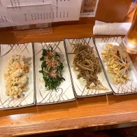 今日の晩ご飯@「どて焼き 島正」さん⑨  おから、ほうれん草のお浸し、きんぴらごぼう、豆もやし