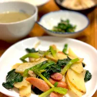 ほうれん草入りジャーマンポテト、菊菜からし和え、大根サラダ、くず野菜のポタージュ|mihさん