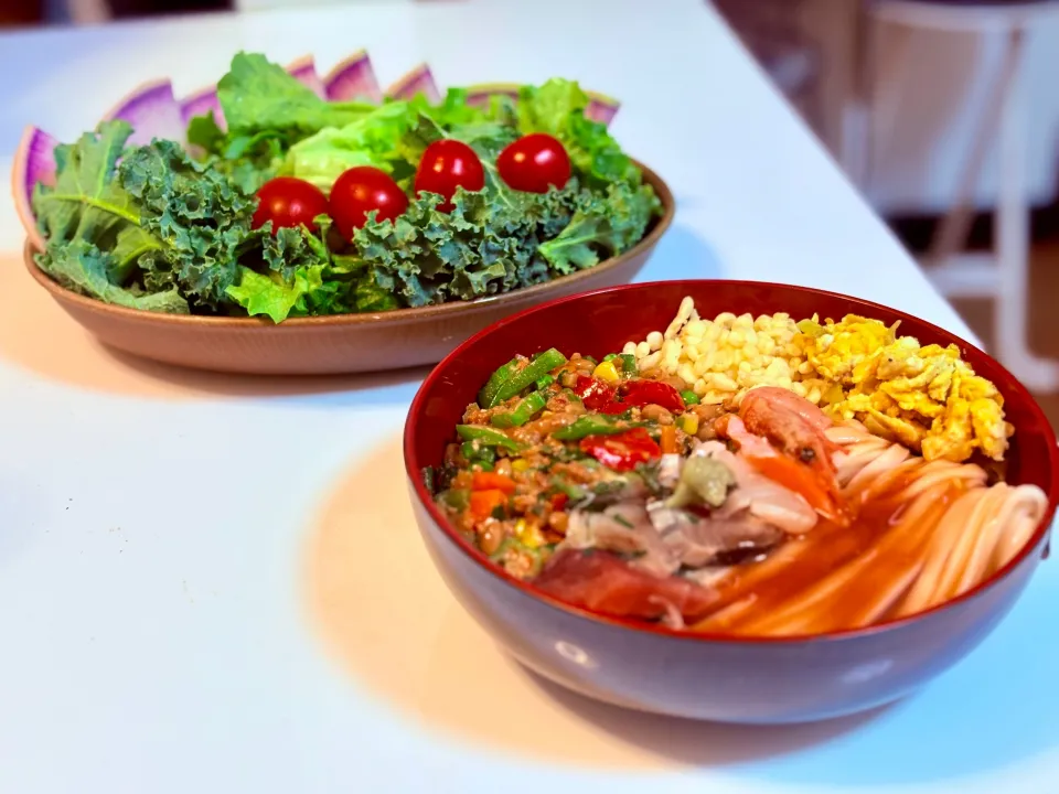 海鮮＆そぼろ納豆の男梅ぶっかけうどん　（ひやひや）|マニラ男さん