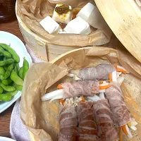 肉巻き蒸し＆蒸し豆腐のネギダレ|makoさん