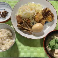 昨日の残りの豚肉のしめじ巻きフライ。これは本当にお財布に優しい。薄切りの好きな豚肉に塩胡椒して、小麦粉を少し振ってしめじを巻き付けて、小麦粉、たまご、パン粉で揚げます。豚ヘレ肉と卵の甘辛焼き。醤油、砂糖、ミリン、全部同量でゆで卵も入れて、とろみがつくまで炒めます。私はこれにエリンギを加えました。ご飯のお供に美味しいです。そして、ネギ味噌とお味噌汁で晩御飯❣️|tamemitiさん