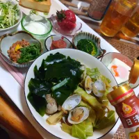 わかめとキャベツ🥬とあさりの蒸し料理定食です✨