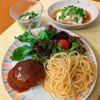 ☆ヘルシーハンバーグ＆明太子パスタ　☆温豆腐　☆ブロッコリーとカニカママヨ和え|chikakoさん