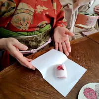 味噌餡の桜餅@椿茶会in揚輝荘（覚王山）　今日は覚王山の揚輝荘・北園・伴華楼で開かれる椿茶会に来ました。今日の和菓子は味噌餡の桜餅です。|なびさん