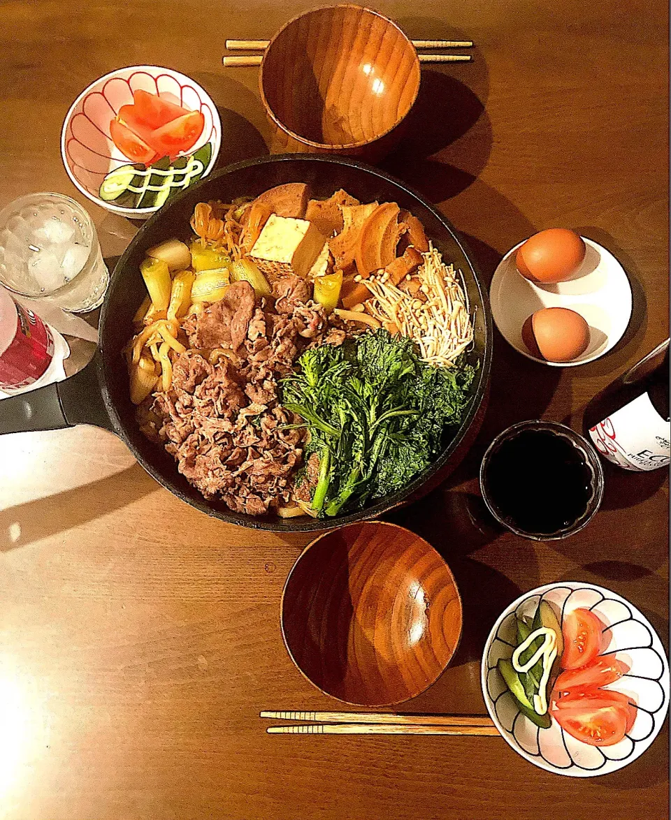 ３月８日の晩御飯　私が明日帰っちゃうので、なびがすき焼きを作ってフェアウェルディナーをしてくれました。|はやとさん