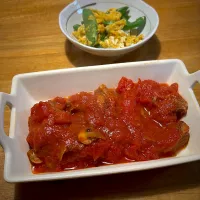 豚すね肉のトマト煮と、スナップエンドウのたまごとじ|もえさん