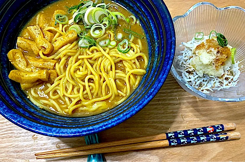 カレーラーメン＆生しらすの大根おろし乗せ|単身赴任のっちさん