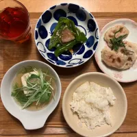 焼きピーマンと豚バラのおひたし、湯豆腐、レンコンの天ぷら|ゆきさん