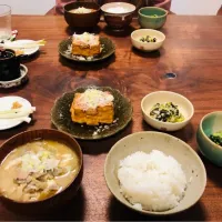 厚揚げ、エシャレット、ターサイとツナの和物、小松菜の胡麻和え、豚汁|タロッカ主夫見習いさん