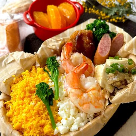 「翡翠麻婆豆腐の素」を使ってみたSnapdishの料理・レシピ写真:【誤差あり弁当】ミモザ風ちらし弁当