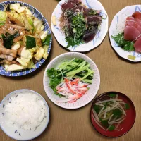 🌛*゜回鍋肉 / カツオのたたきとマグロ刺身 / サラダ / 中華スープ|Ayakaさん