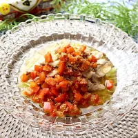 豚肉とレタスのフライパン蒸し トマトゴマ油ダレ