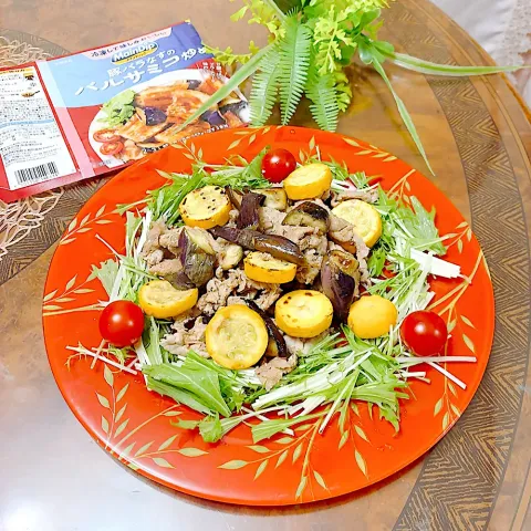「メインディップ 豚バラなすのバルサミコ炒め」を使ってみたSnapdishの料理・レシピ写真:豚ロースとナス、ズッキーニのバルサミコ炒め