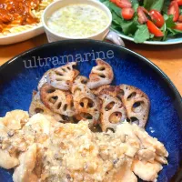 ＊鶏むね肉のきのこ麹焼き♬ルッコラのサラダと海苔ポタージュ＊|ultramarineさん