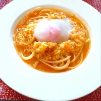 コーンとトマトのスープを使って温玉のせスープスパゲティを作りました〜🍝|quitaさん