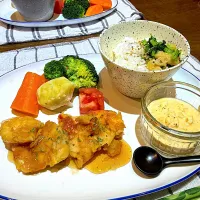 チキン南蛮と蒸し野菜🥦大根菜のごはん。| kaoriさん