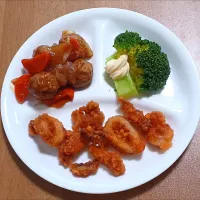 肉団子の甘酢あんかけ、ブロッコリー、イカフライ|ナナさん