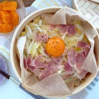 蒸篭でカルボナーラ風うどん